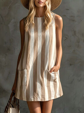 Women's Beige Vertical Stripe Sleeveless Pocket Shift Mini Dress